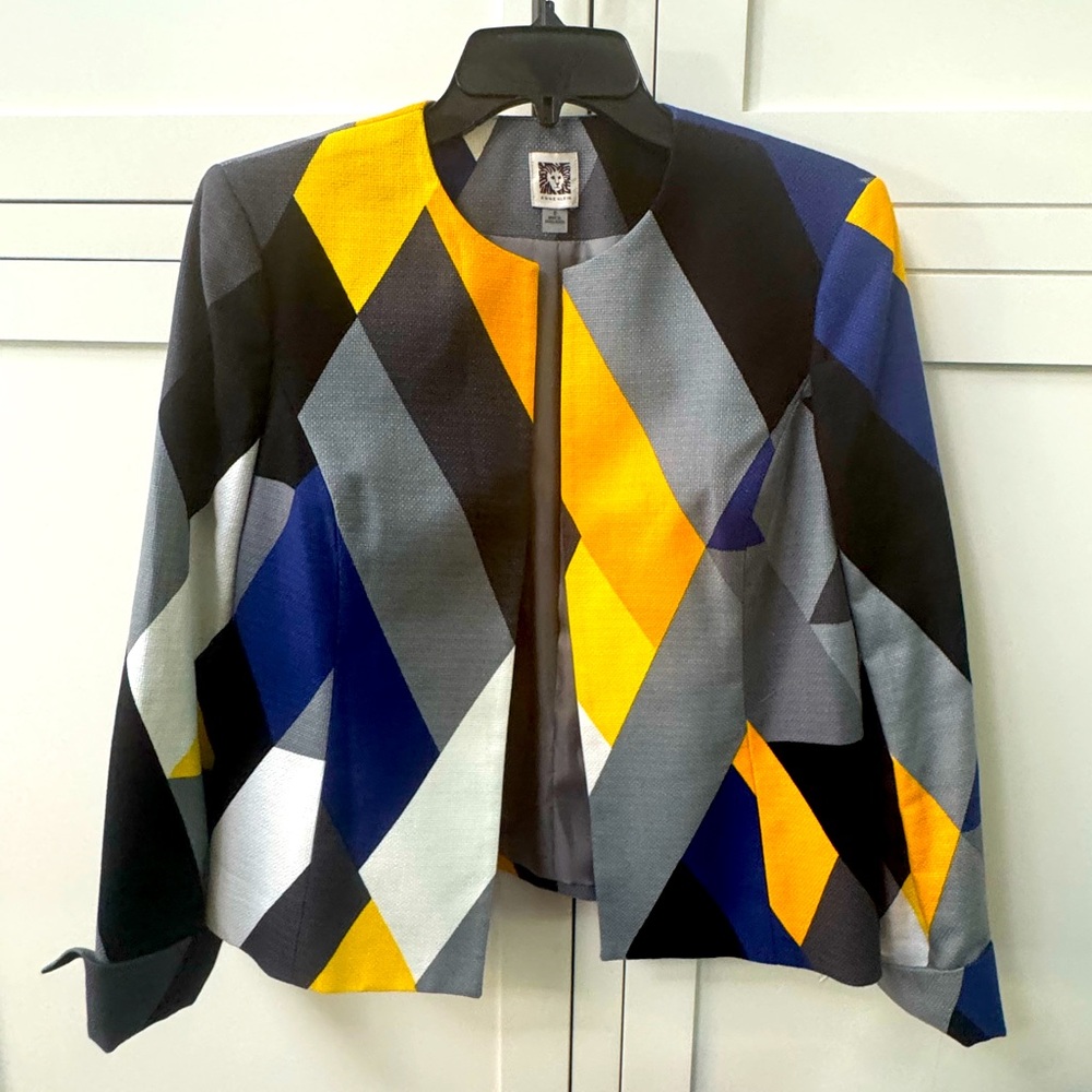 ANNE KLEIN NWT Greys/Bl/Ylw Colorblock Crew Canvas Jacket Sz 8 Cuffed Sleeves